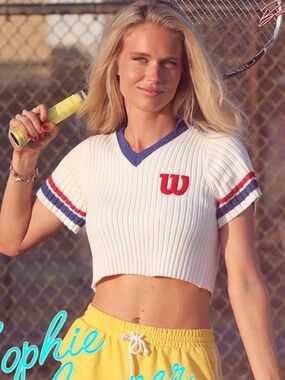 Wilson Tennis Knit Crop Top Retro V-Neck White Size L (Fits S/M) Amazing Conditi